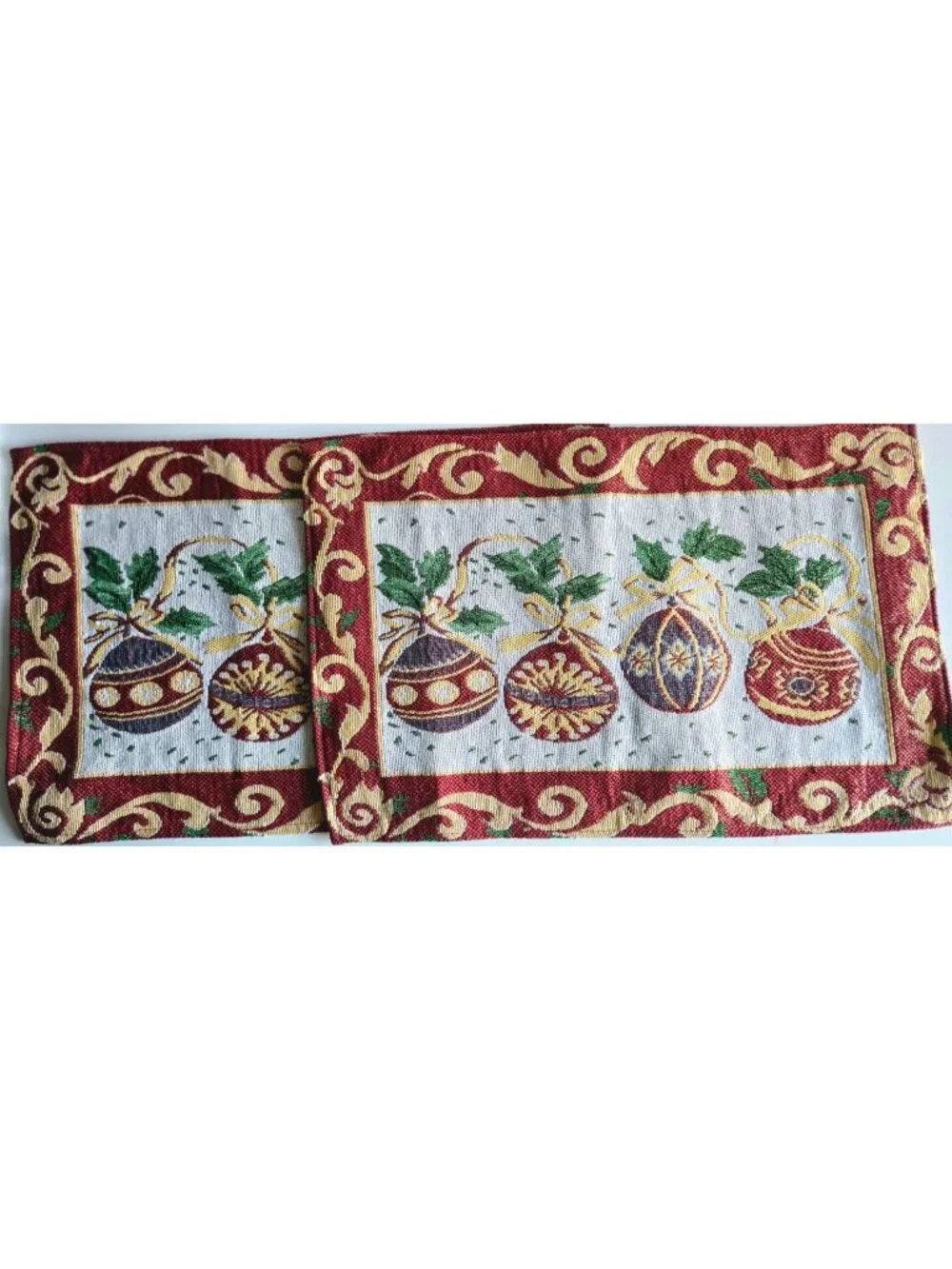 Vintage Christmas Ornaments Tapestry Set Of 2 Placemats Gold Thread for Sparkle
